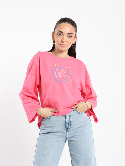 T-Shirt - "Strong Woman Printed - Long Bell Sleeves