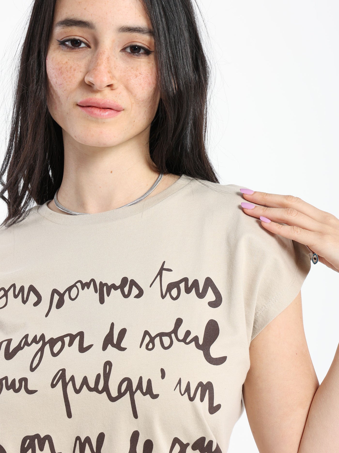 T-Shirt - Text Print - Cap Sleeves