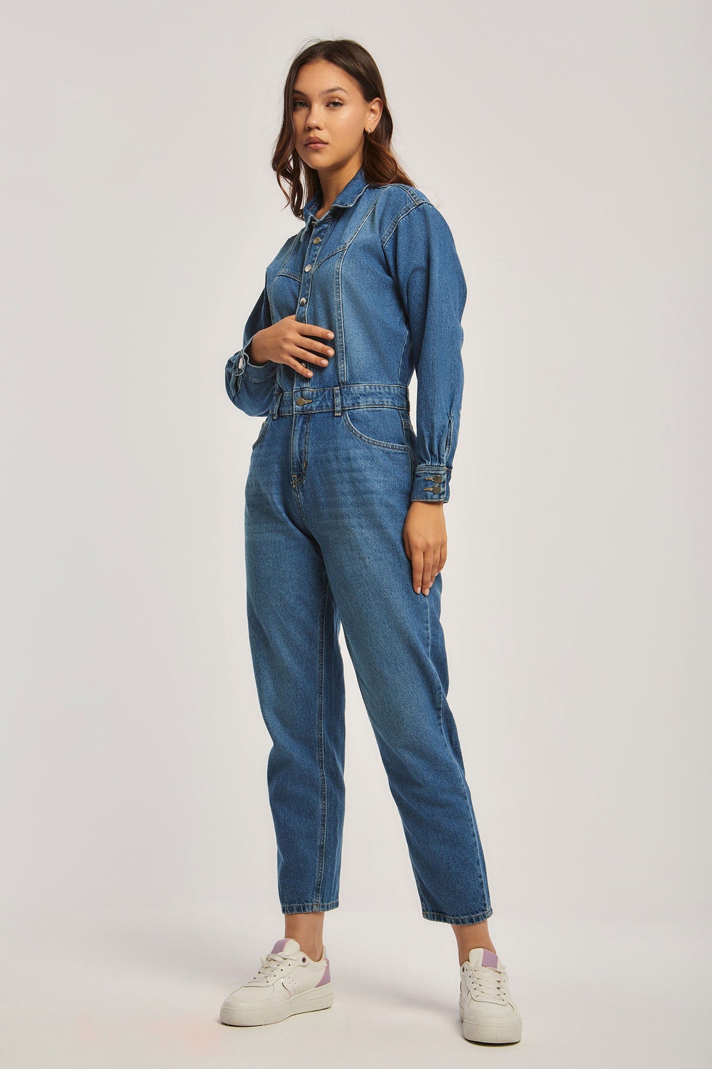 Denim Jumpsuit - Long Sleeves - With Pockets
