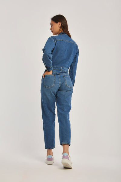 Denim Jumpsuit - Long Sleeves - With Pockets