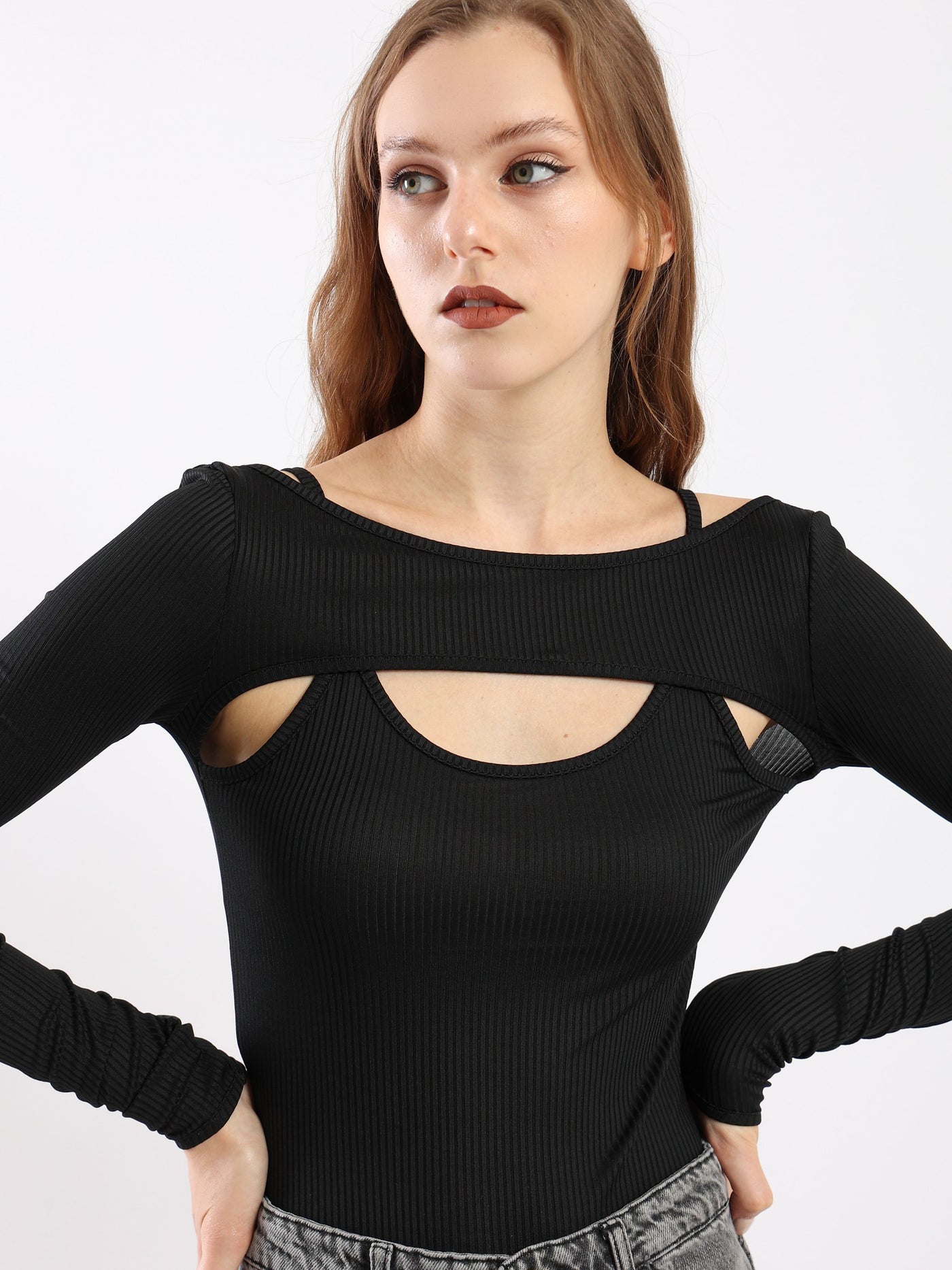 Bodysuit Top - Cut-out Design - Ribbed