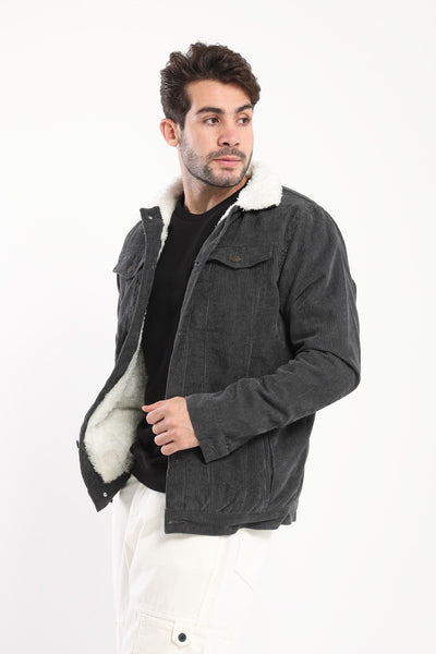 Corduroy Jacket - Turn Down Fur Collar