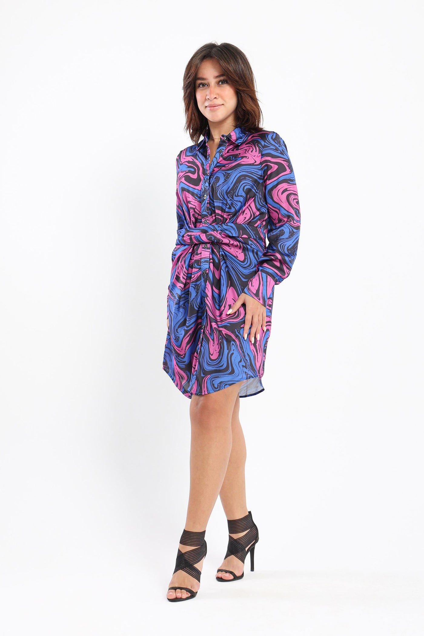 Shirt Dress - Marble Print - With Tie-front