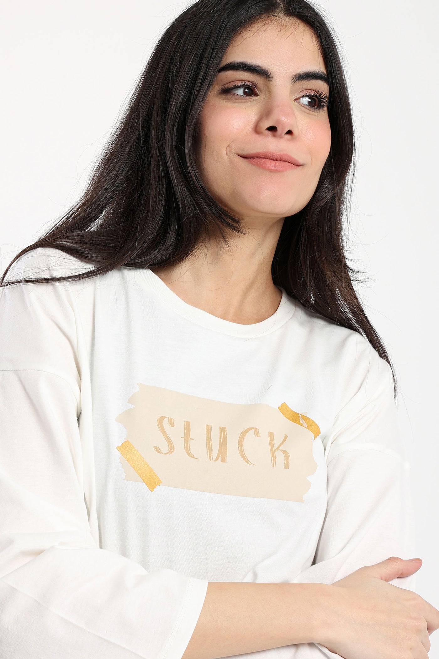 T-Shirt - "Stuck" Front Print - Dipped Hem