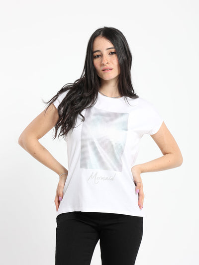 T-Shirt - Mermaid Embroidered Text - Cap Sleeve