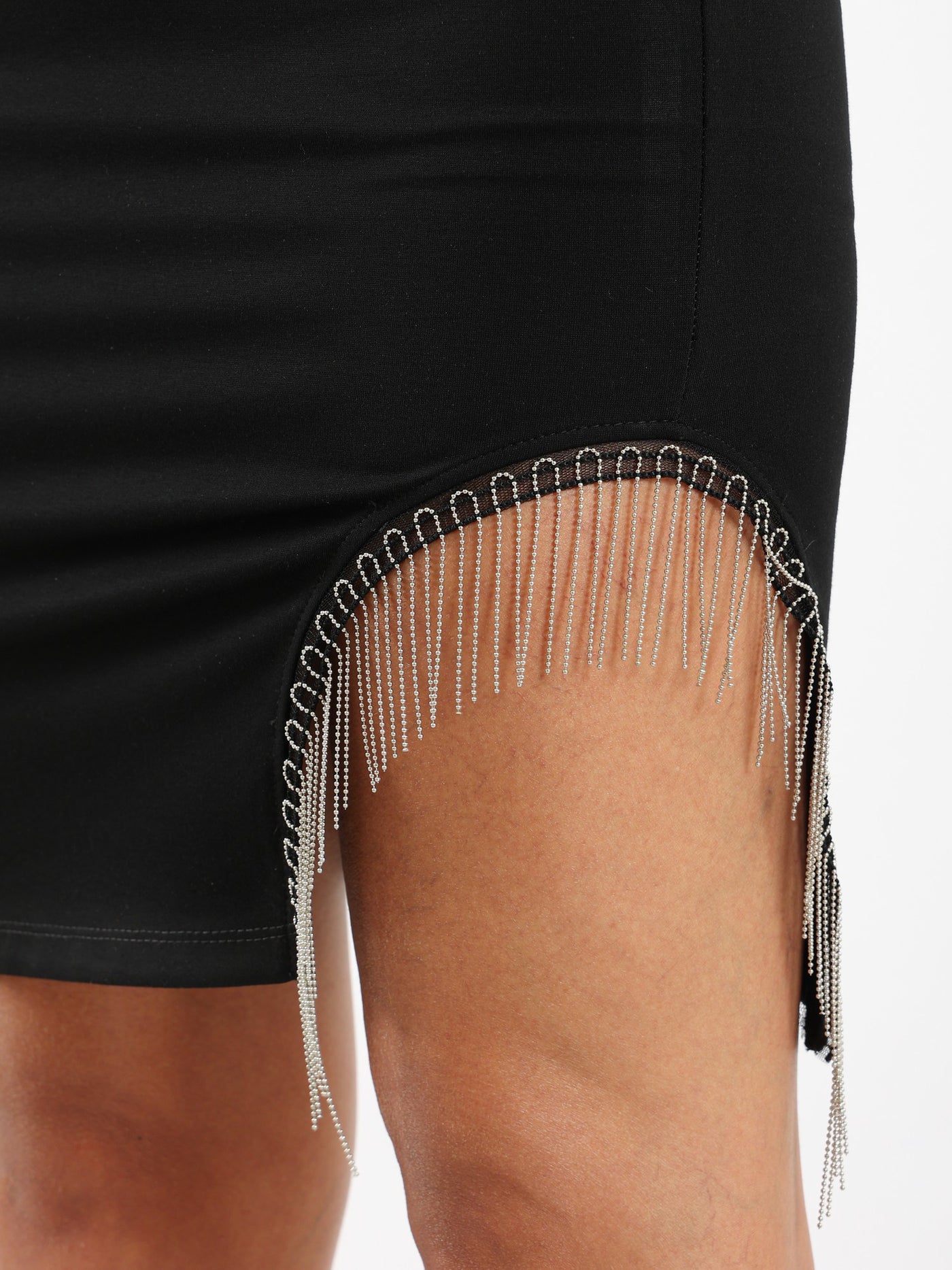 Bodycon Skirt - Mini Length - Cut-Out with Diamante Fringe