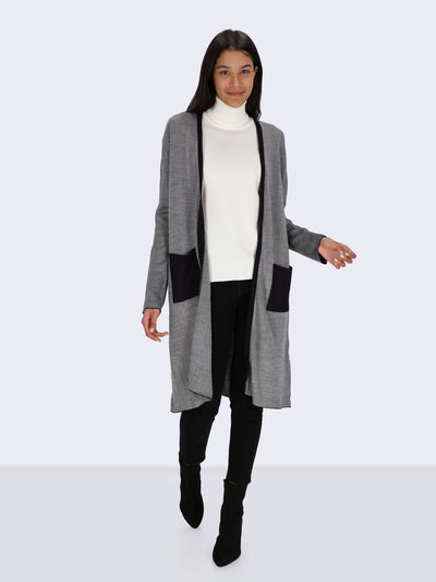 Long Knit Cardigan with Contrasting Trims and Pocket