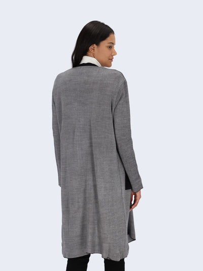 Long Knit Cardigan with Contrasting Trims and Pocket