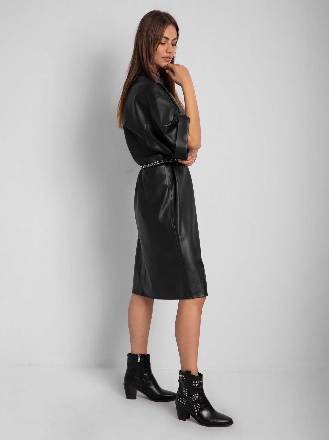Knee Length Dress - Leather Material - 2/3 Kimono Sleeves