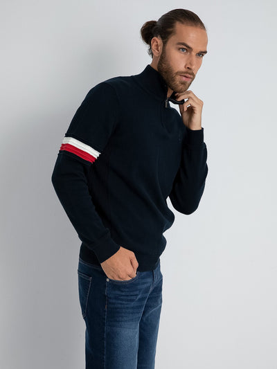 Dalydress Mens High Collar Stripe Sleeve Sweater