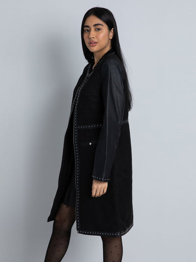 Tweed Coat - Knee Length - Faux Leather Sleeves