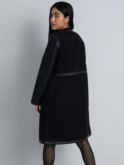 Tweed Coat - Knee Length - Faux Leather Sleeves