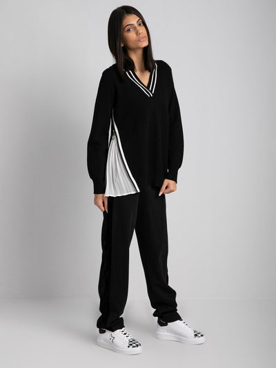 Knitted Pullover - Pleated Chiffon Insert on Sides