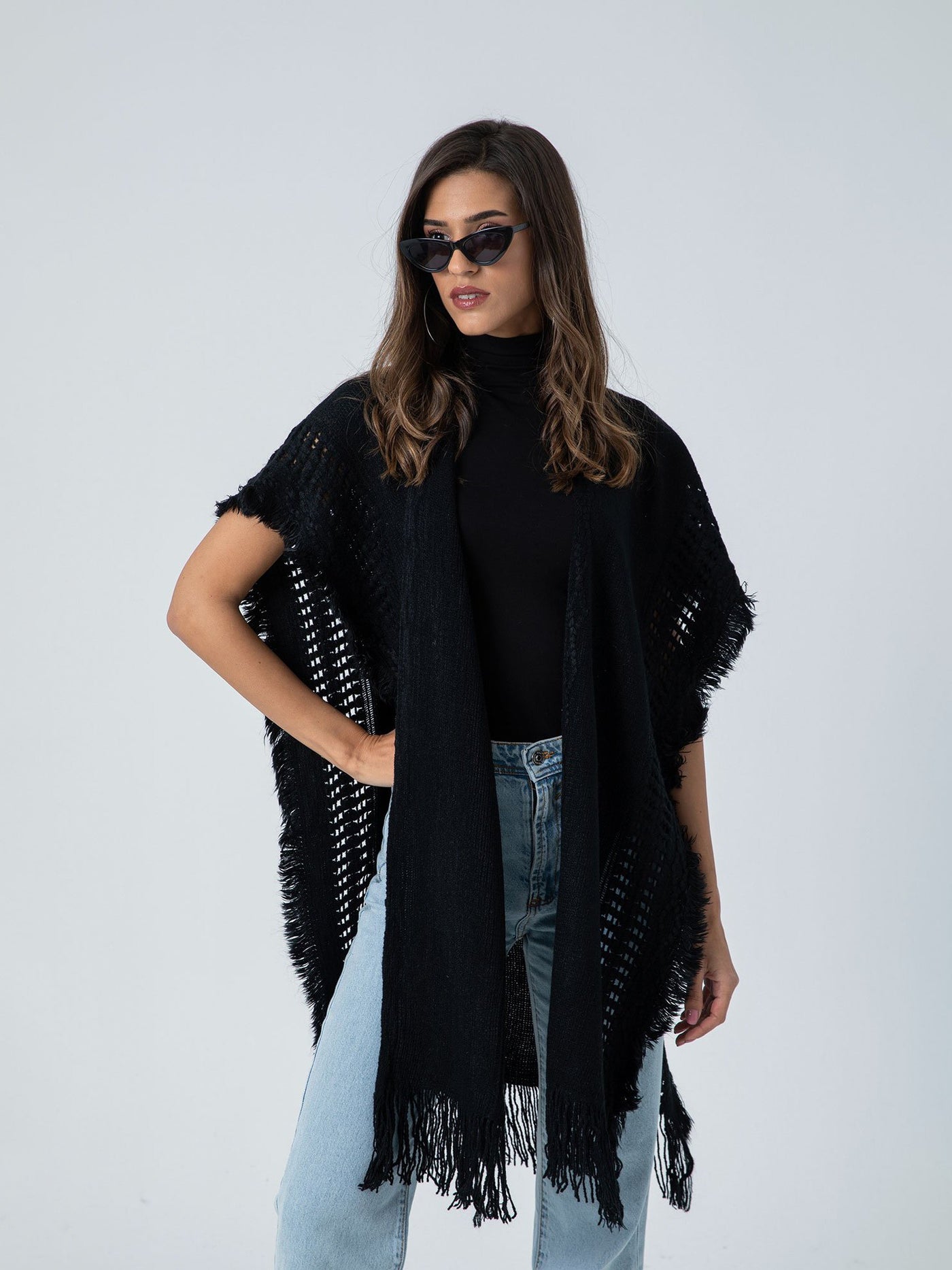 Casual Perforated Poncho - Open Design