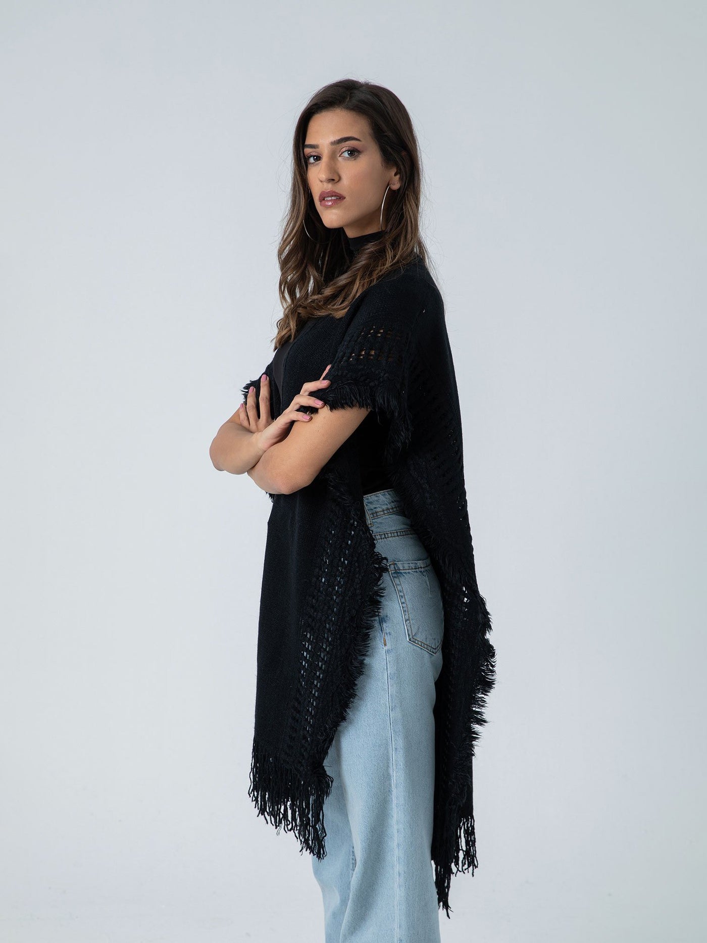 Casual Perforated Poncho - Open Design