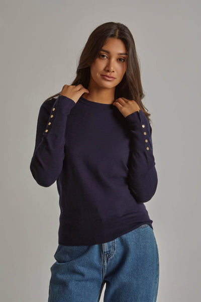 Pullover - Round Neck - Buttoned Sleeves