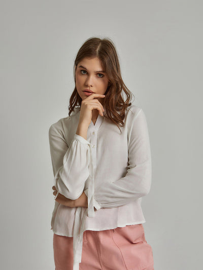 Blouse - With Tie Sleeves - Buttoned Neck