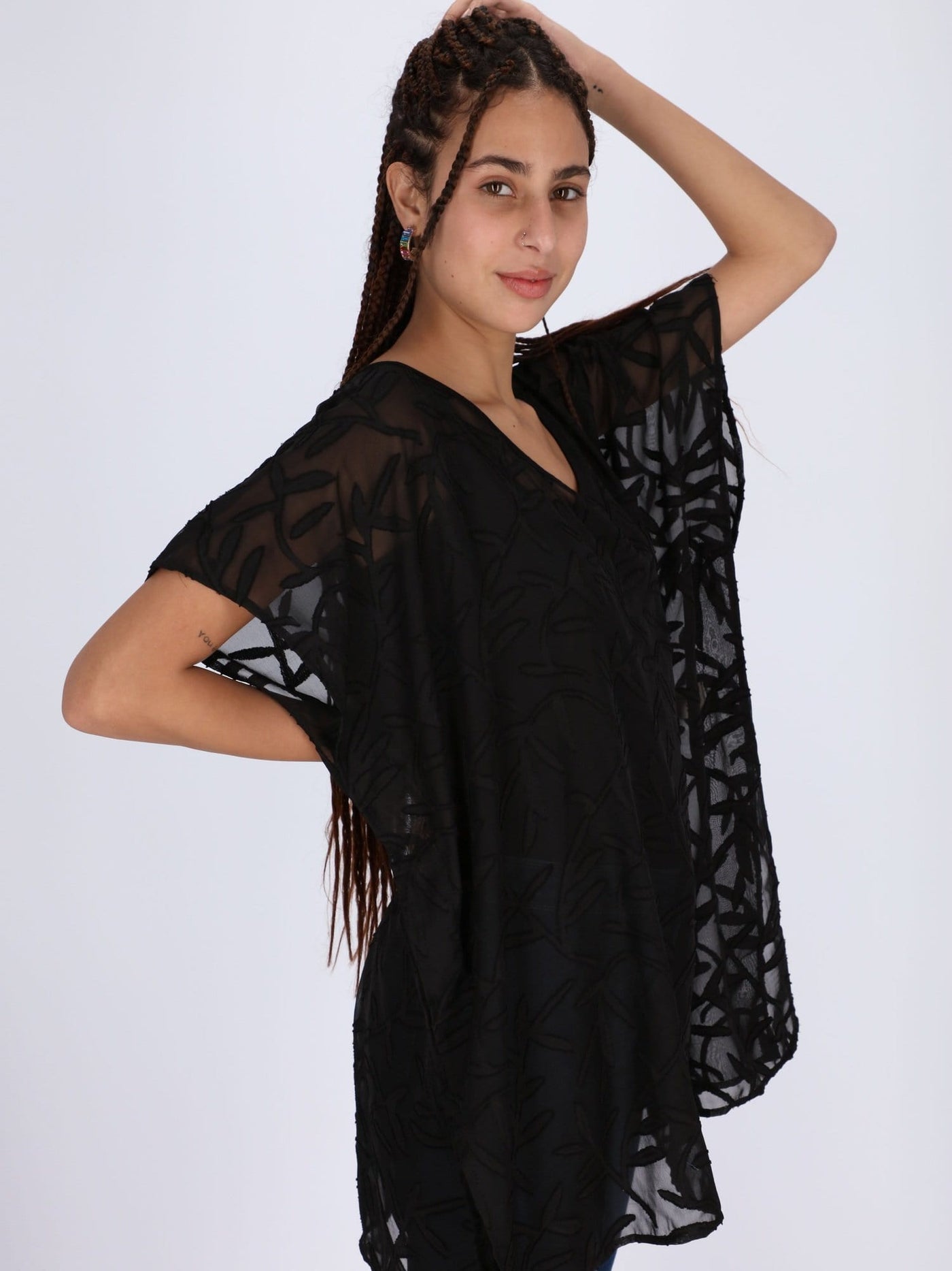 OR Swimwear Black / LXL Self Patterned Leaves Beach Cover-up