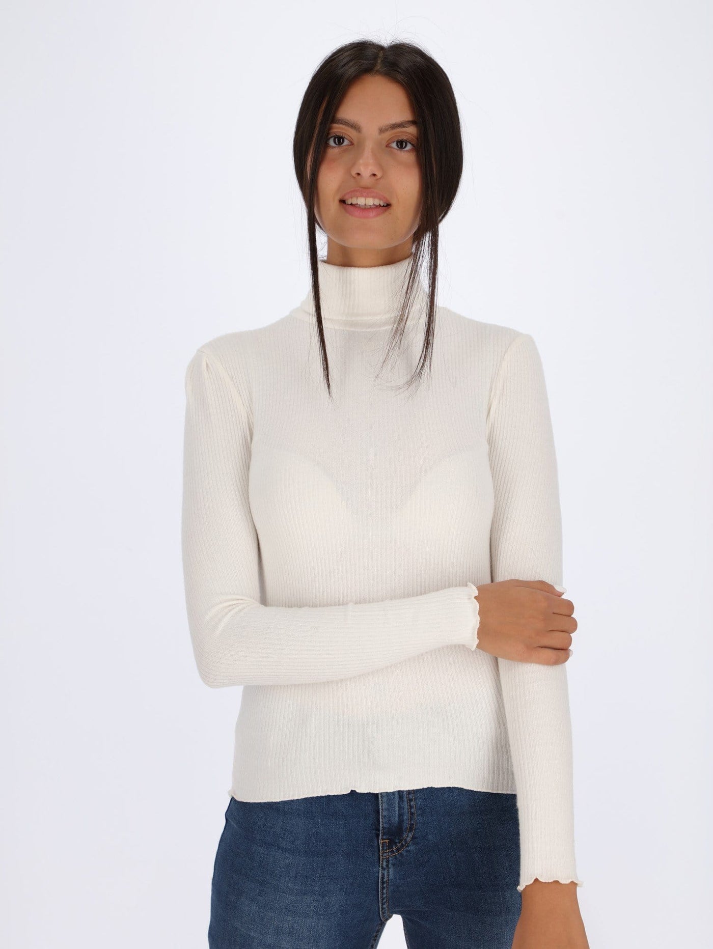 OR Tops & Blouses Coconut Milk / S Ribbed High Neck Top with Long Sleeves