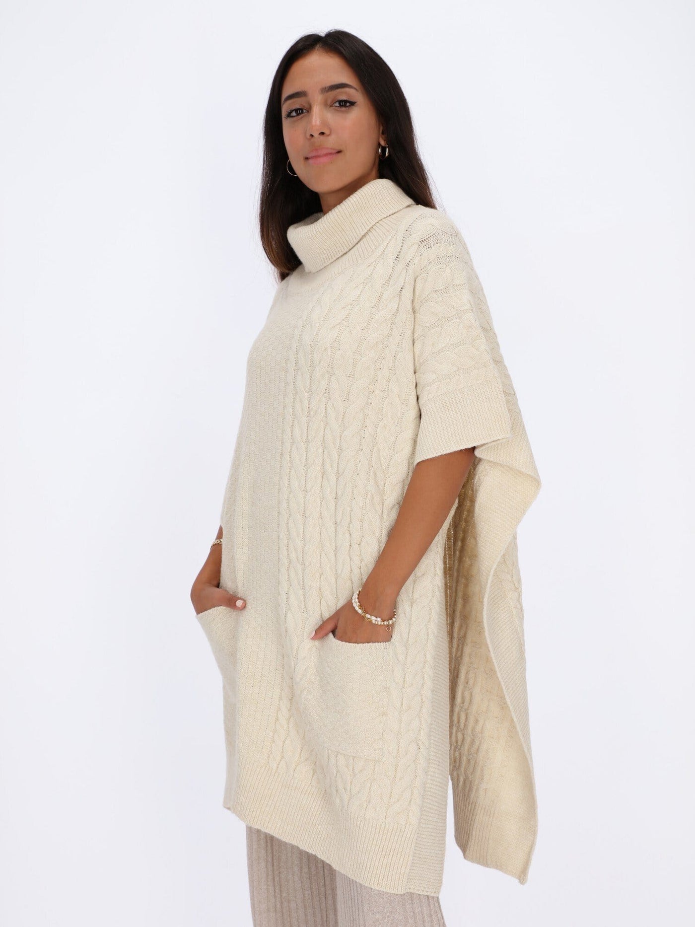 OR Knitwear Beige Chine / One Size Poncho Knitwear with Braided Texture