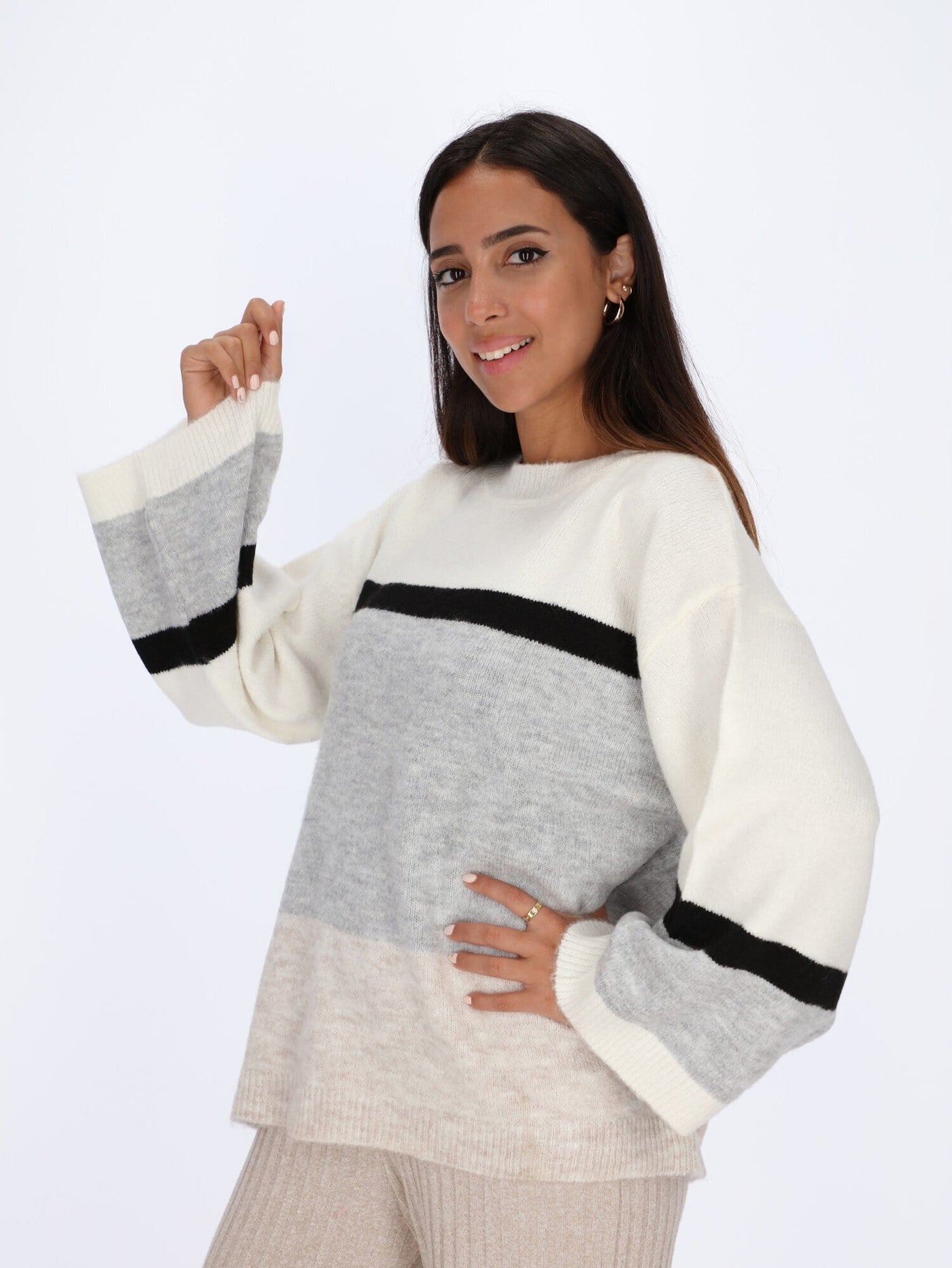 OR Knitwear Grey Chine / One Size Dropped Shoulder Color-Block Pullover
