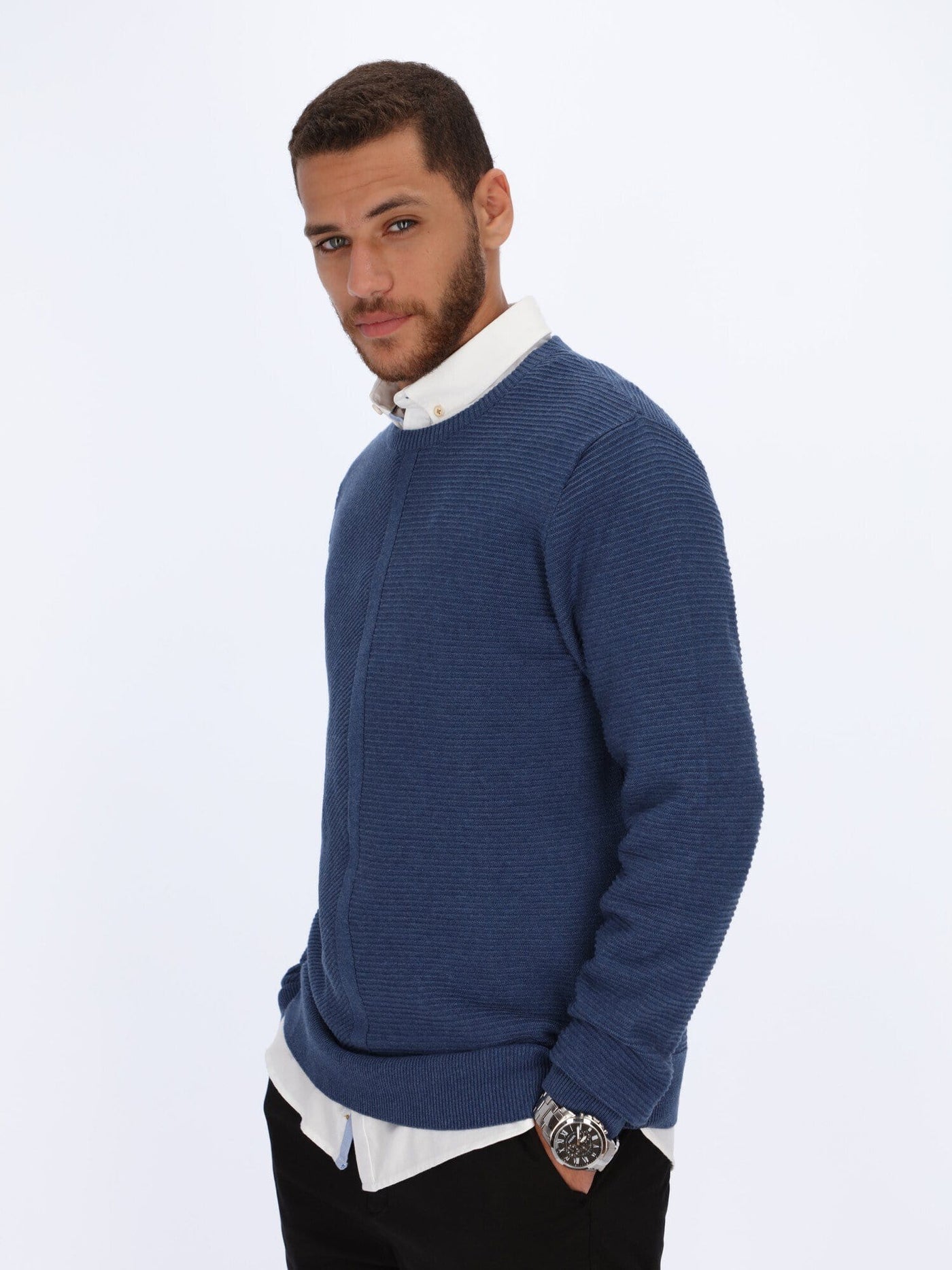 Daniel Hechter Knitwear Dark Blue / L Self-Stripe Sweater