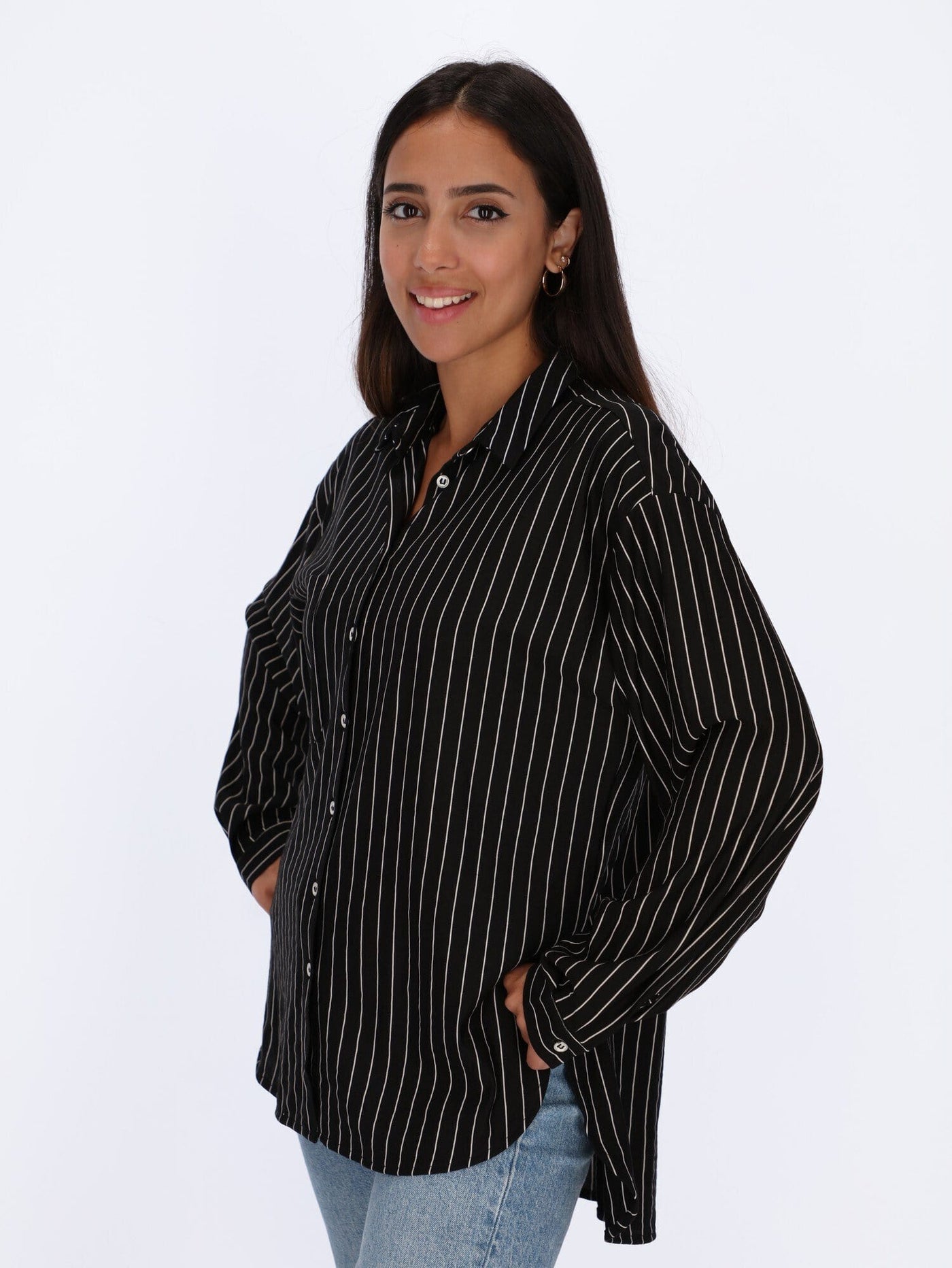 OR Tops & Blouses Black / S Thin Vertical Stripes Long Sleeve Shirt