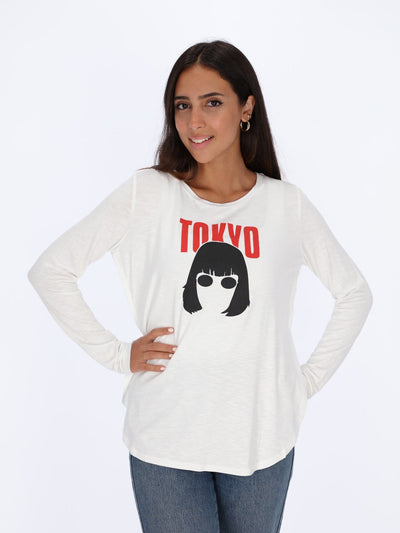 OR Tops & Blouses White / L Tokyo Front Print Long Sleeve Top