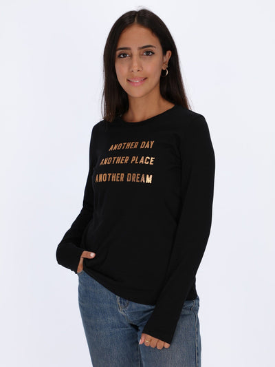 OR Tops & Blouses Black / XL Front Text Print Long Sleeve Top