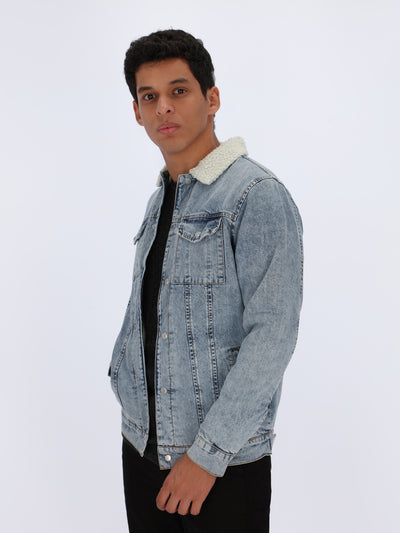Denim Jacket with Fur Collar