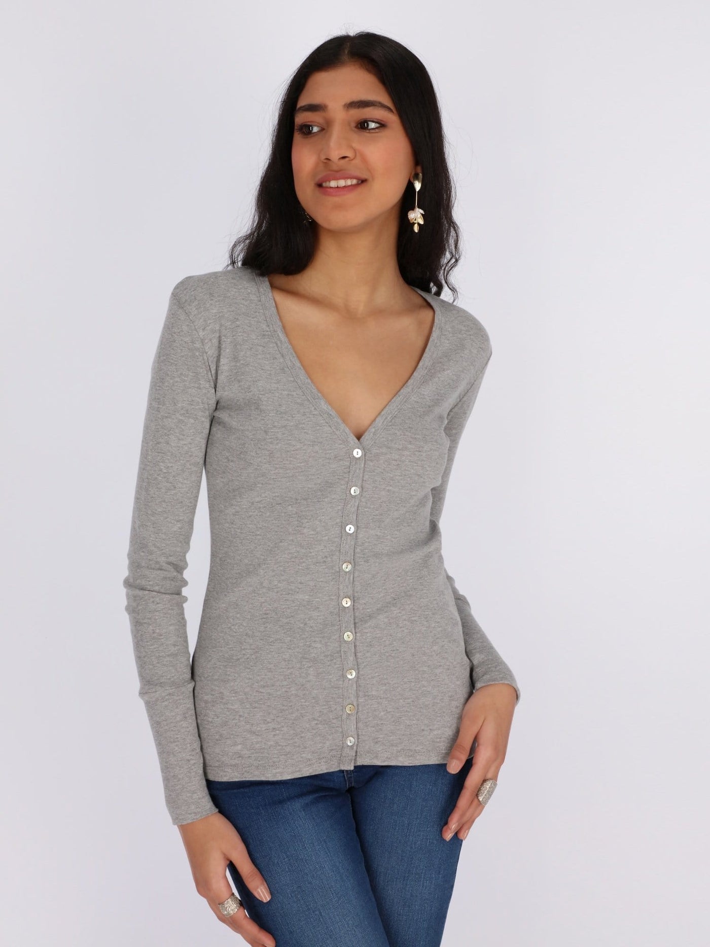 OR Jackets & Cardigans grey chine / L Basic Buttoned Jumper with V Neck