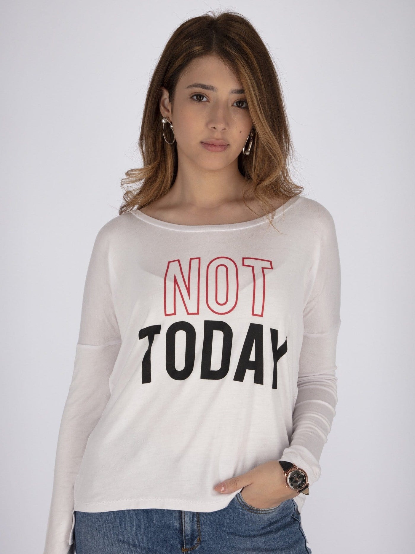 OR Tops & Blouses White / S Front Text Print Basic Long Sleeve Top