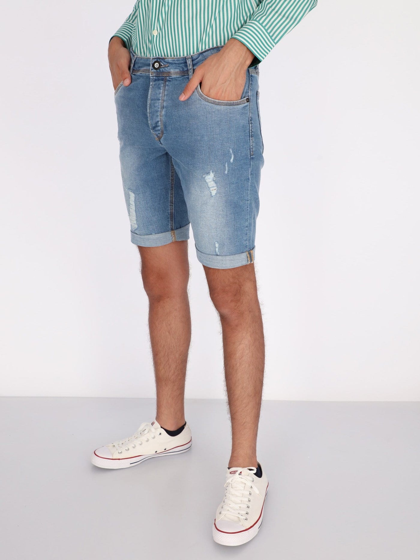 OR Pants & Shorts Light Wash Ripped Denim Shorts with Rolled-up Trims