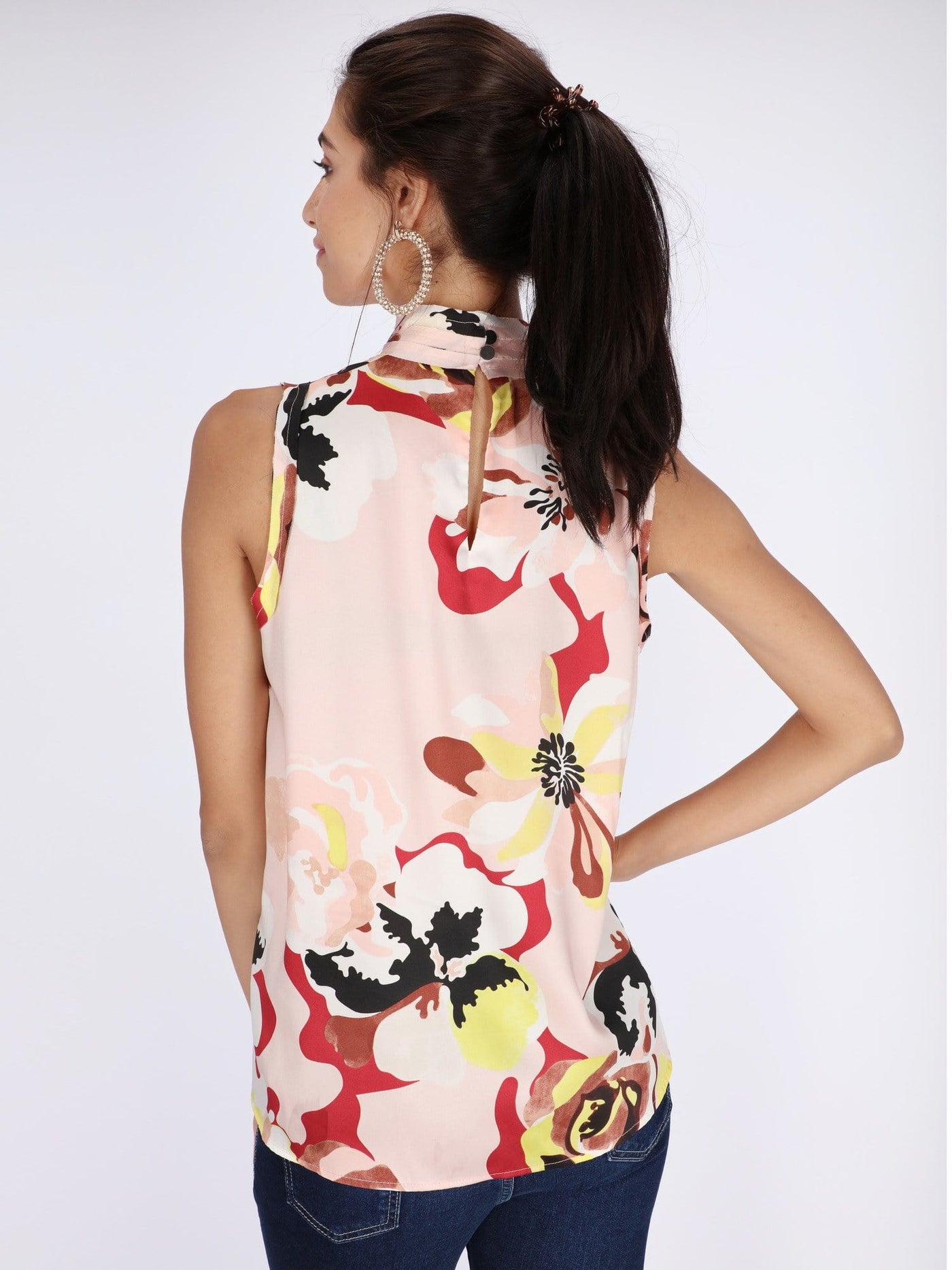 OR Tops & Blouses Floral Satin Sleeveless Blouse with High Neck