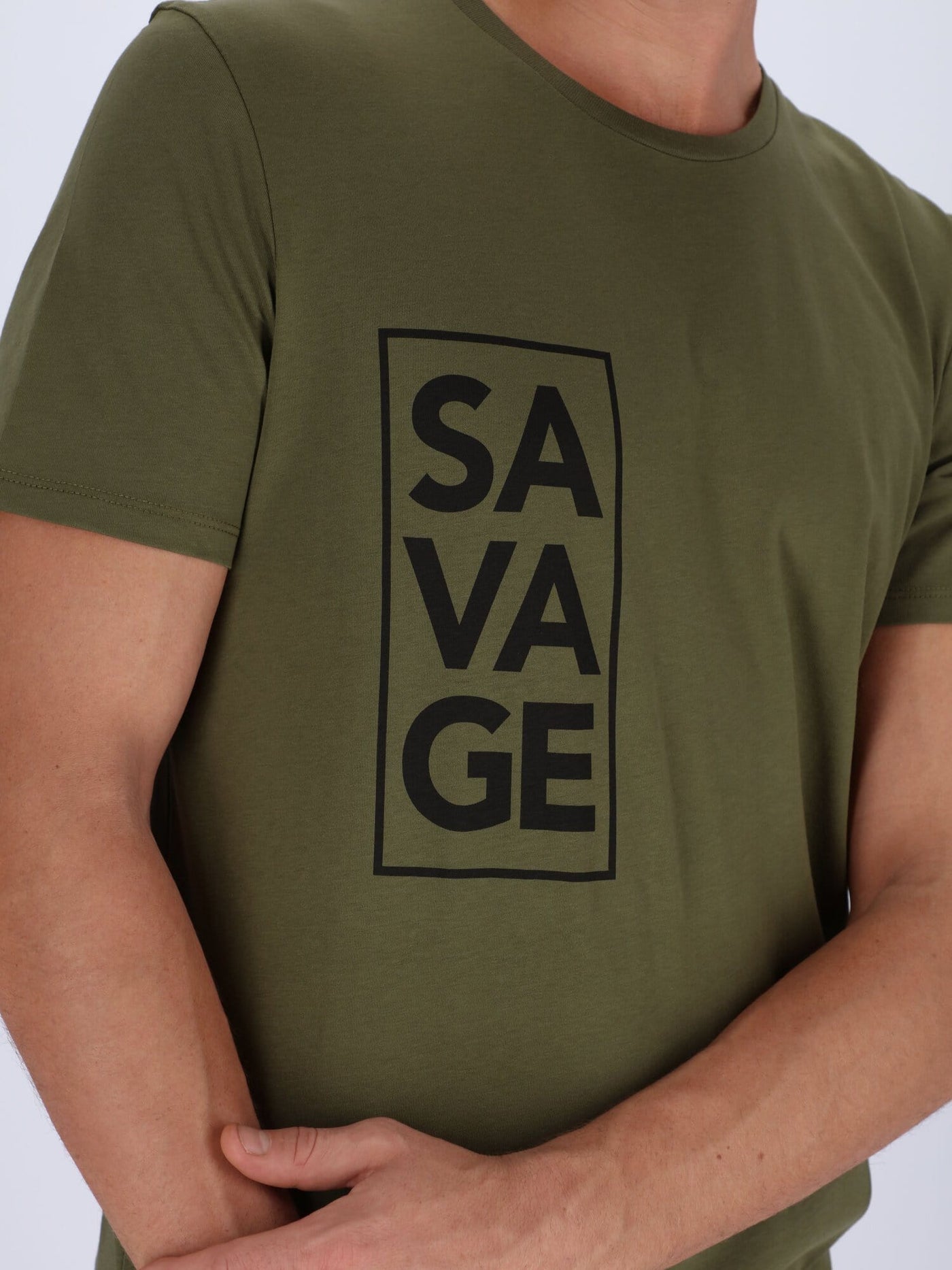 OR T-Shirts Olive / S Front Text Print Savage Short Sleeve Round Neck T-Shirt
