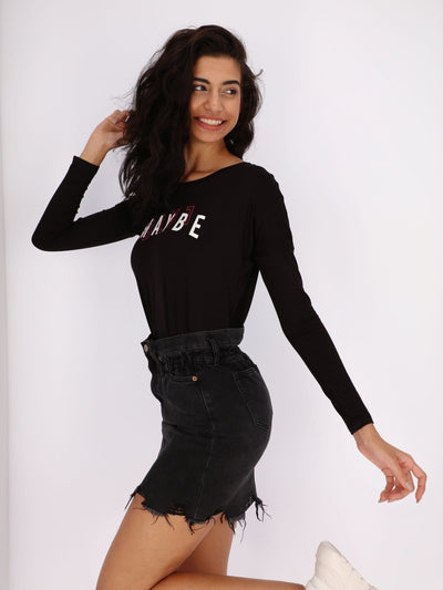 OR Tops & Blouses Black / S Front Text Print Basic Long Sleeve Top