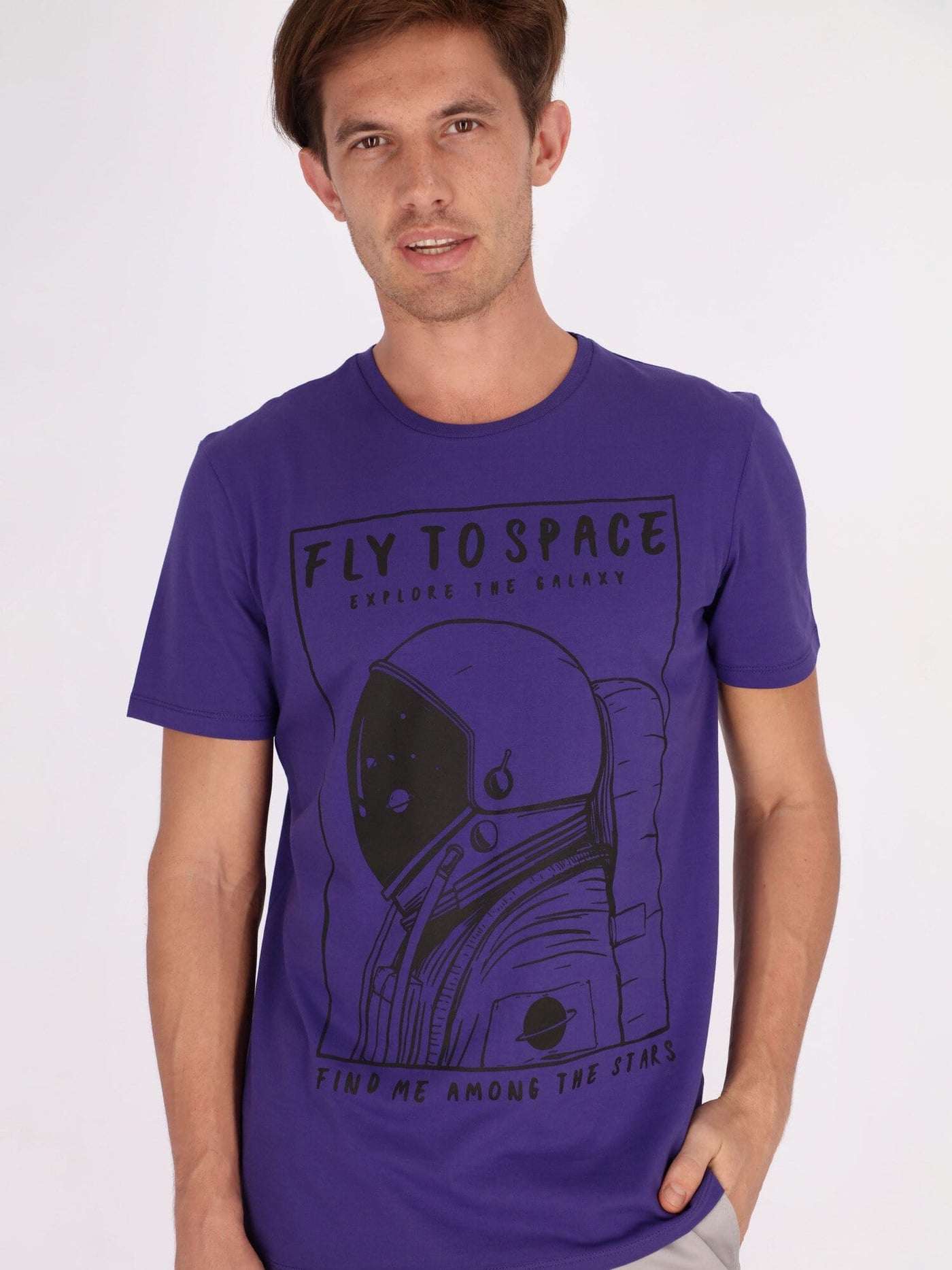 OR T-Shirts Dark Purple - V24 / S Front Print Fly to Space Short Sleeve T-Shirt