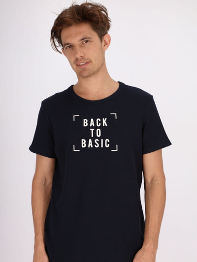 OR T-Shirts Navy / XS Front Text Print Back to Basic T-Shirt