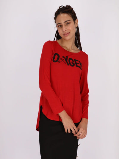 OR Tops & Blouses Dark Red / S Front Text Print Oxygen Long Sleeve Top