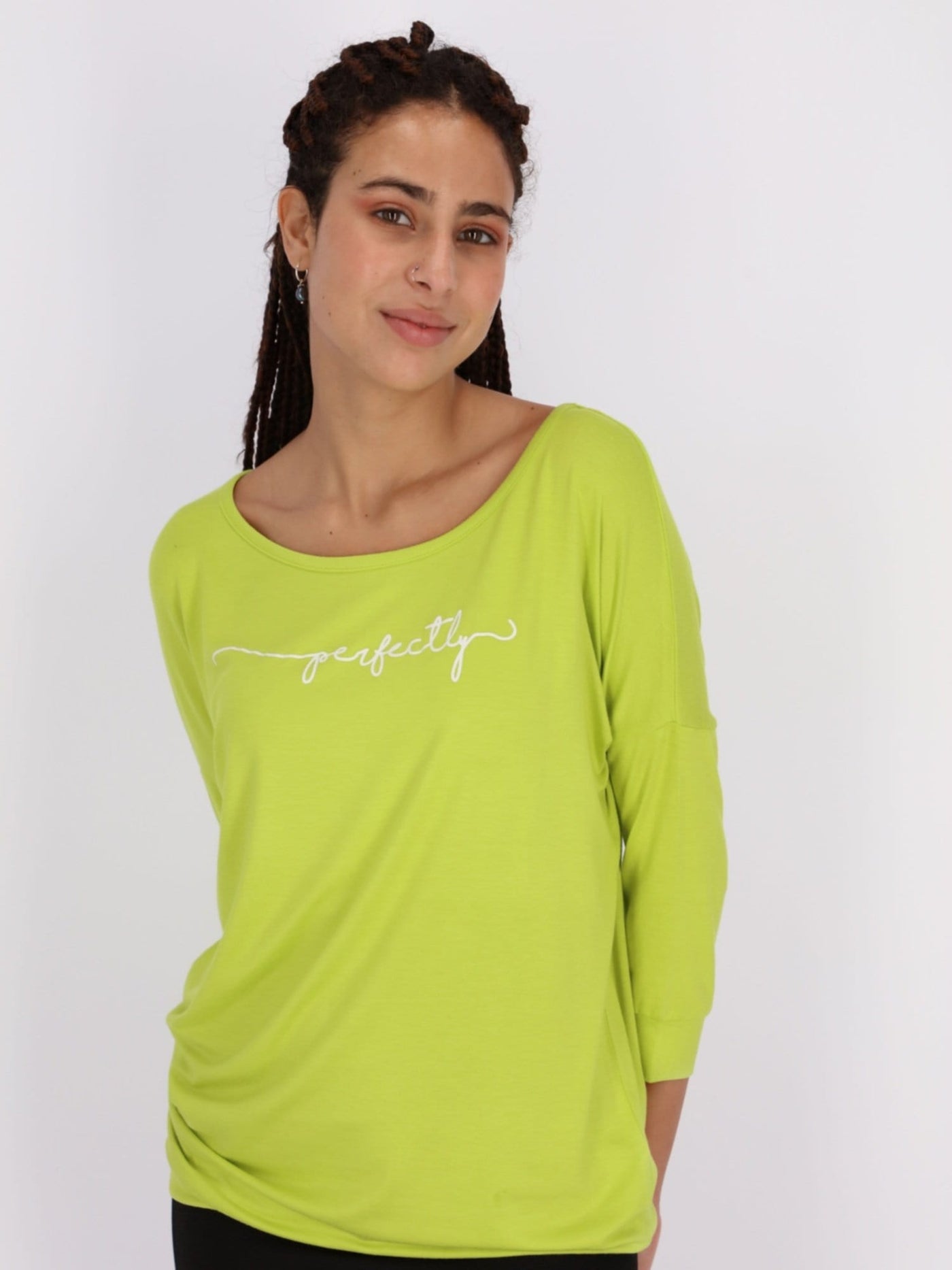 OR Tops & Blouses Apple Green / S Front Text Print 3/4 Cuff Sleeve Top