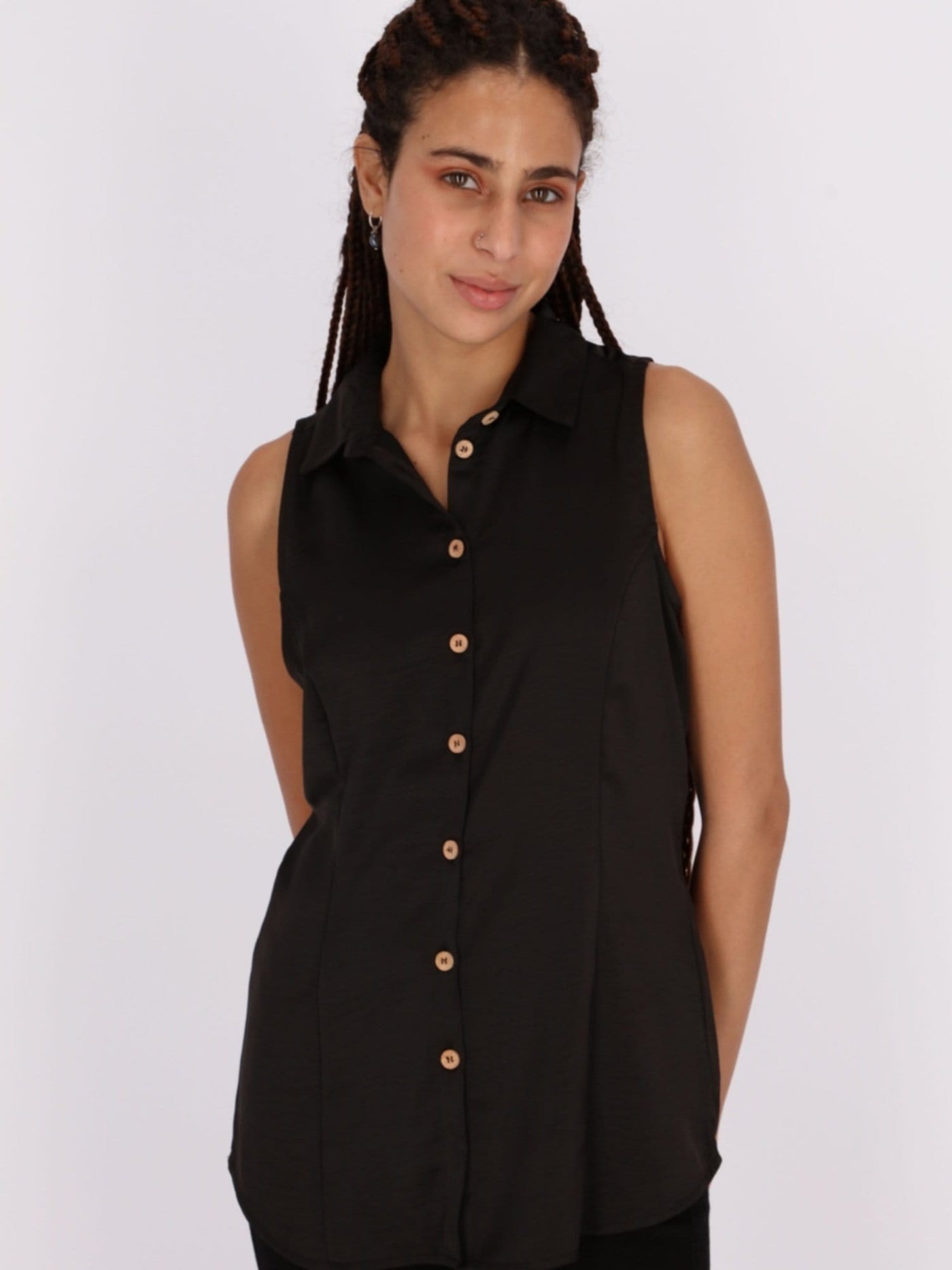 OR Tops & Blouses Black / S Basic Sleeveless Shirt with Turn-Down Collar