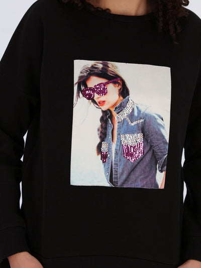 OR Sweatshirts & Hoodies Black / S Lady with Glasses Printed Sweatshirt
