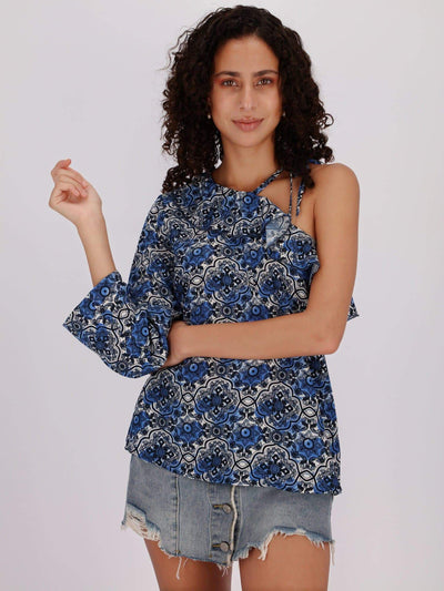 OR Tops & Blouses All Over Print Asymmetric Hem Sleeveless Blouse with Cut Out Shoulders
