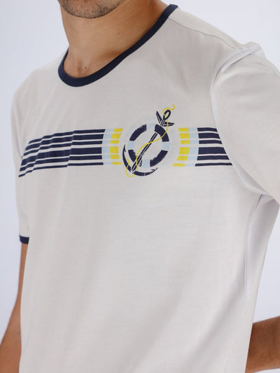 OR T-Shirts Front Print Logo Horizontal Stripes Short Sleeve Ribbed Round Neck T-Shirt