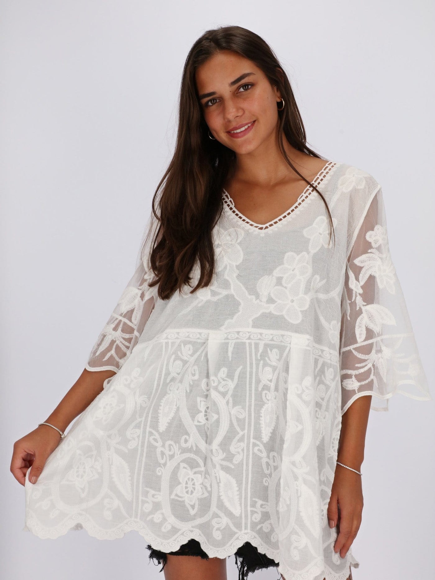 OR Tops & Blouses White / Os Oversized Kimono Sleeve Guipure Blouse