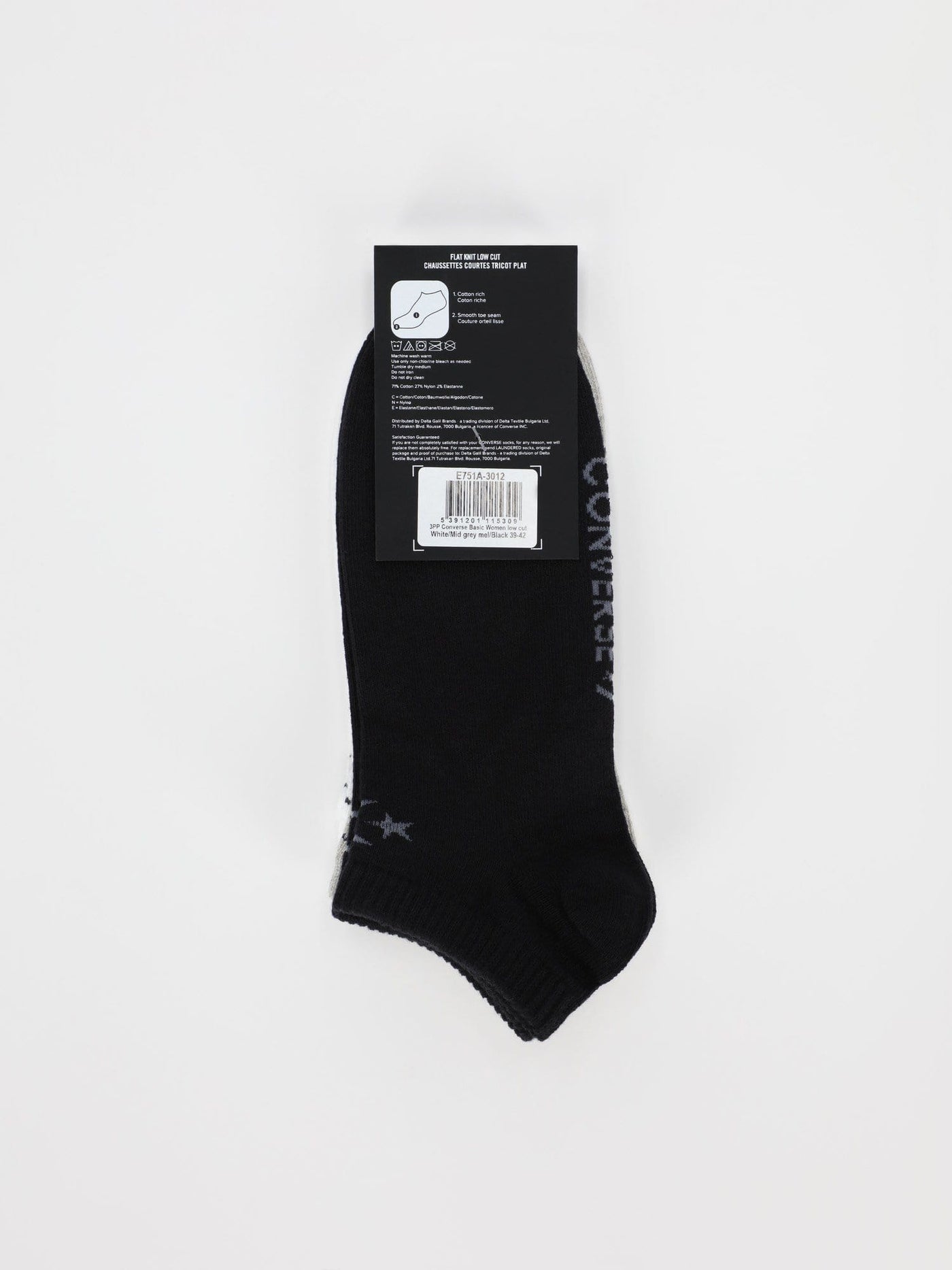 Converse Other Accessories 71 / 39-42 3 Pairs of Flat Knit Low Cut Socks with Star Chevron Logo - Light Grey/White/Black