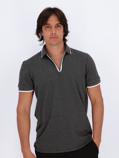 OR Polos Dark Grey Chine / L Zip-Collar Pique Polo Shirt