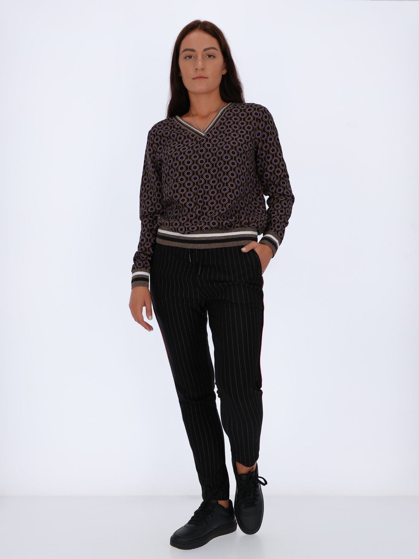 OR Tops & Blouses V-neck Top with Striped Hems and Circular Patterns
