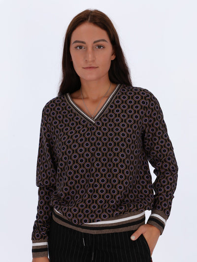 OR Tops & Blouses M / BLACK V-neck Top with Striped Hems and Circular Patterns
