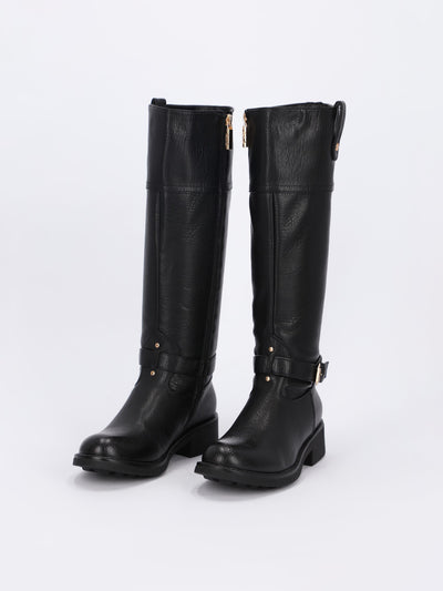 Leather Decorative Buckle High-Calf Boot